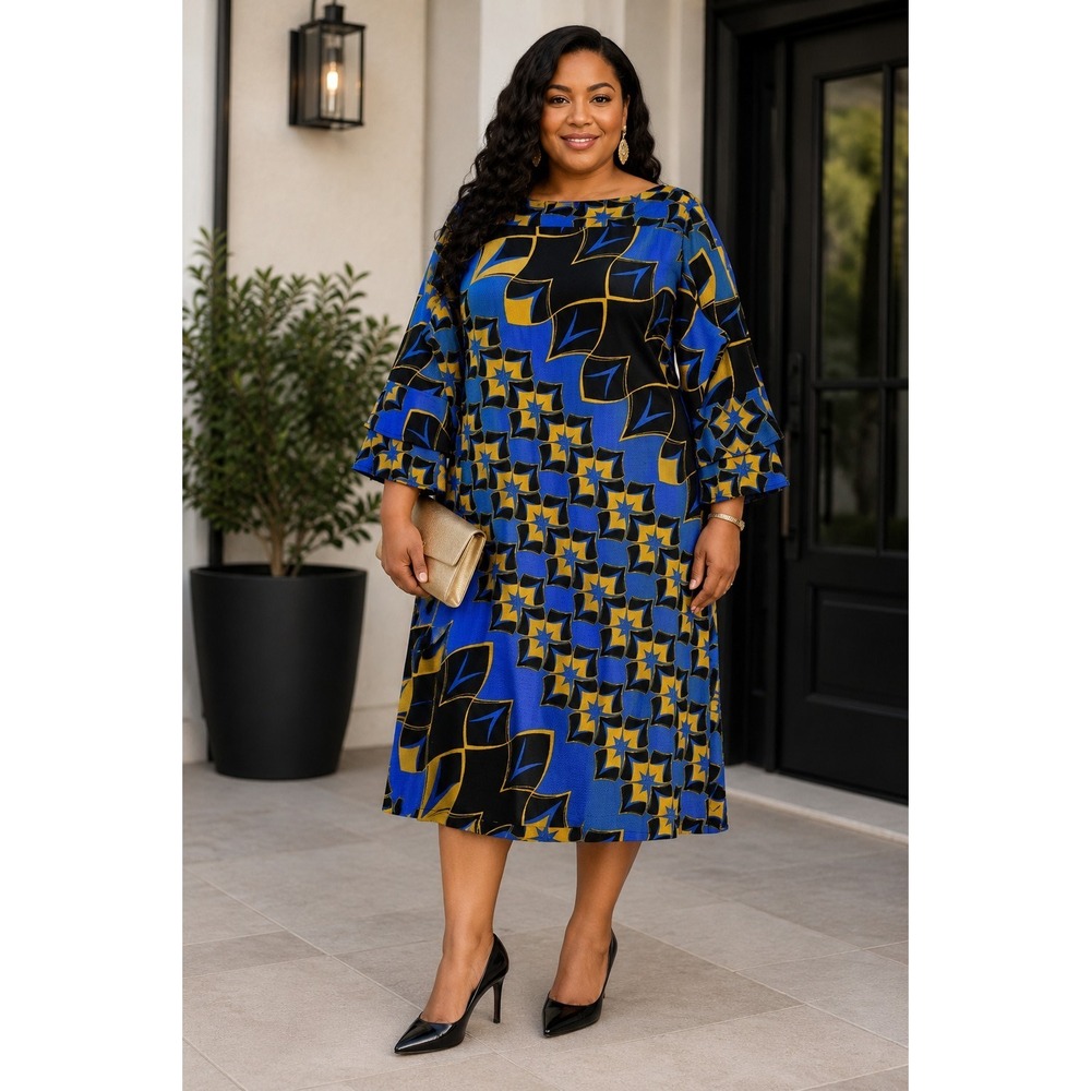 Ashley Stewart Blue Yellow Geometric Bell Sleeve Stretch Shift Dress Size 26/28